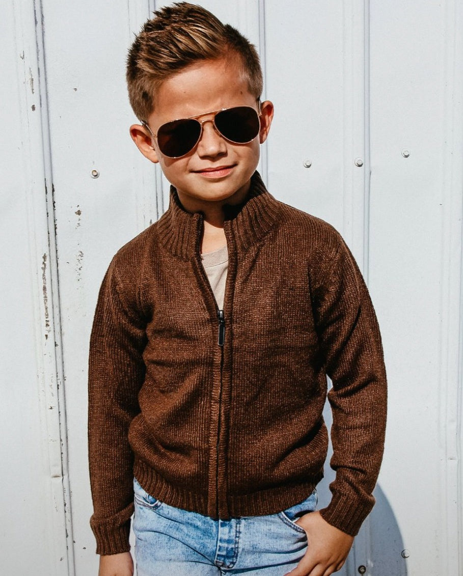 SAWYER KIDS ZIP-UP CARDIGAN SWEATER | CHOCOLATE BROWN