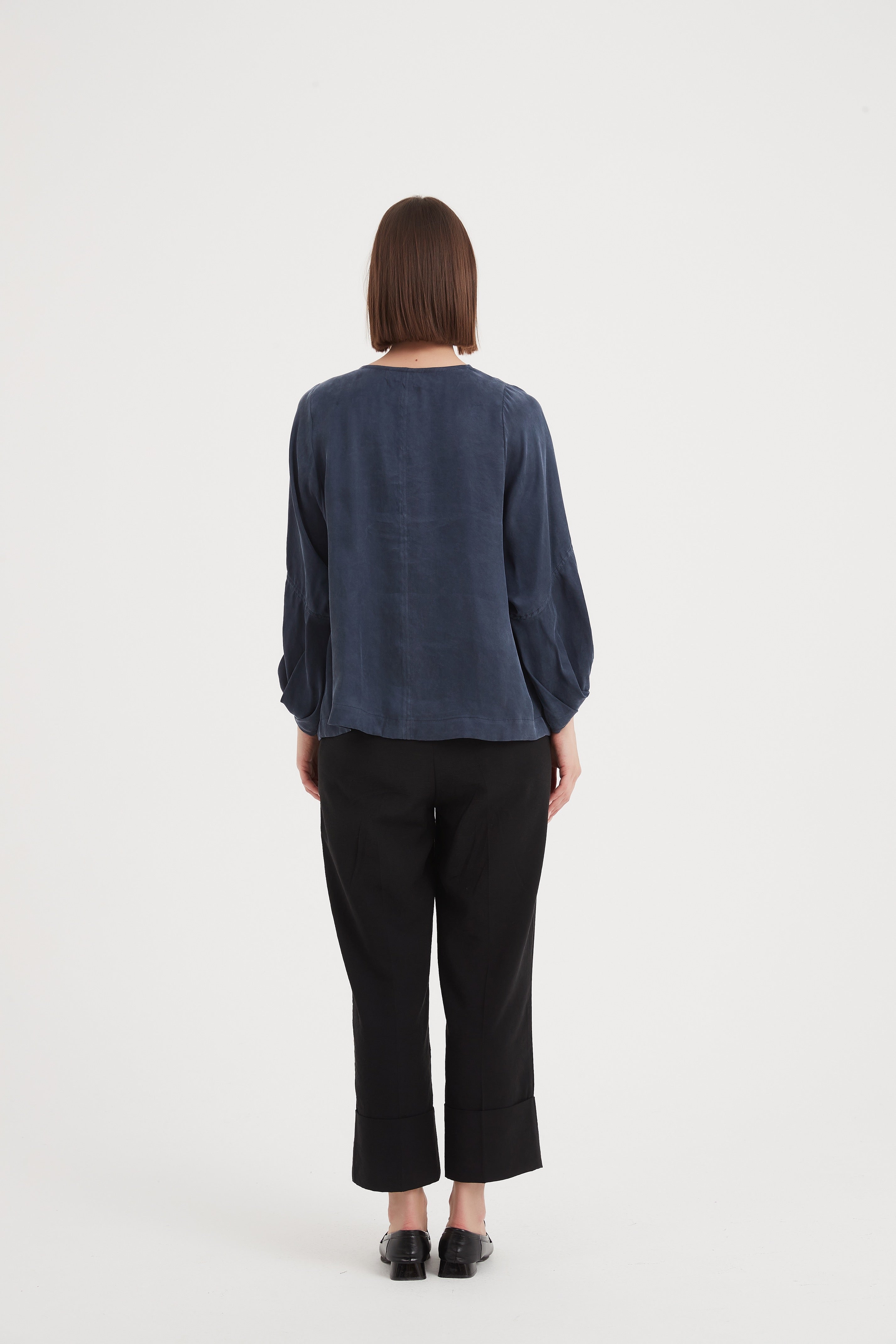 Tirelli - V Neck Bishop Long Sleeve Top - Deep Ocean