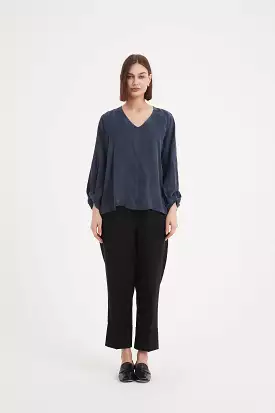 Tirelli - V Neck Bishop Long Sleeve Top - Deep Ocean