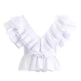 White Ruffle V Neck Top