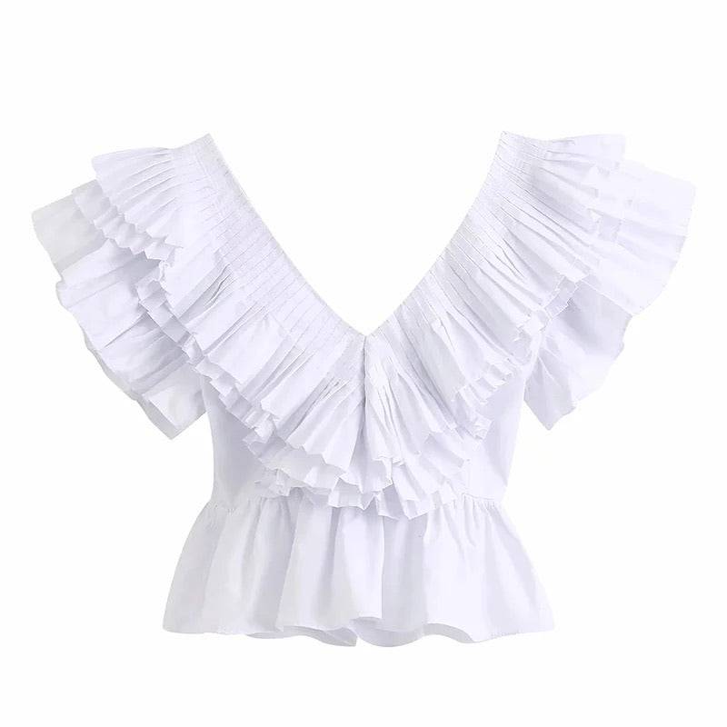 White Ruffle V Neck Top