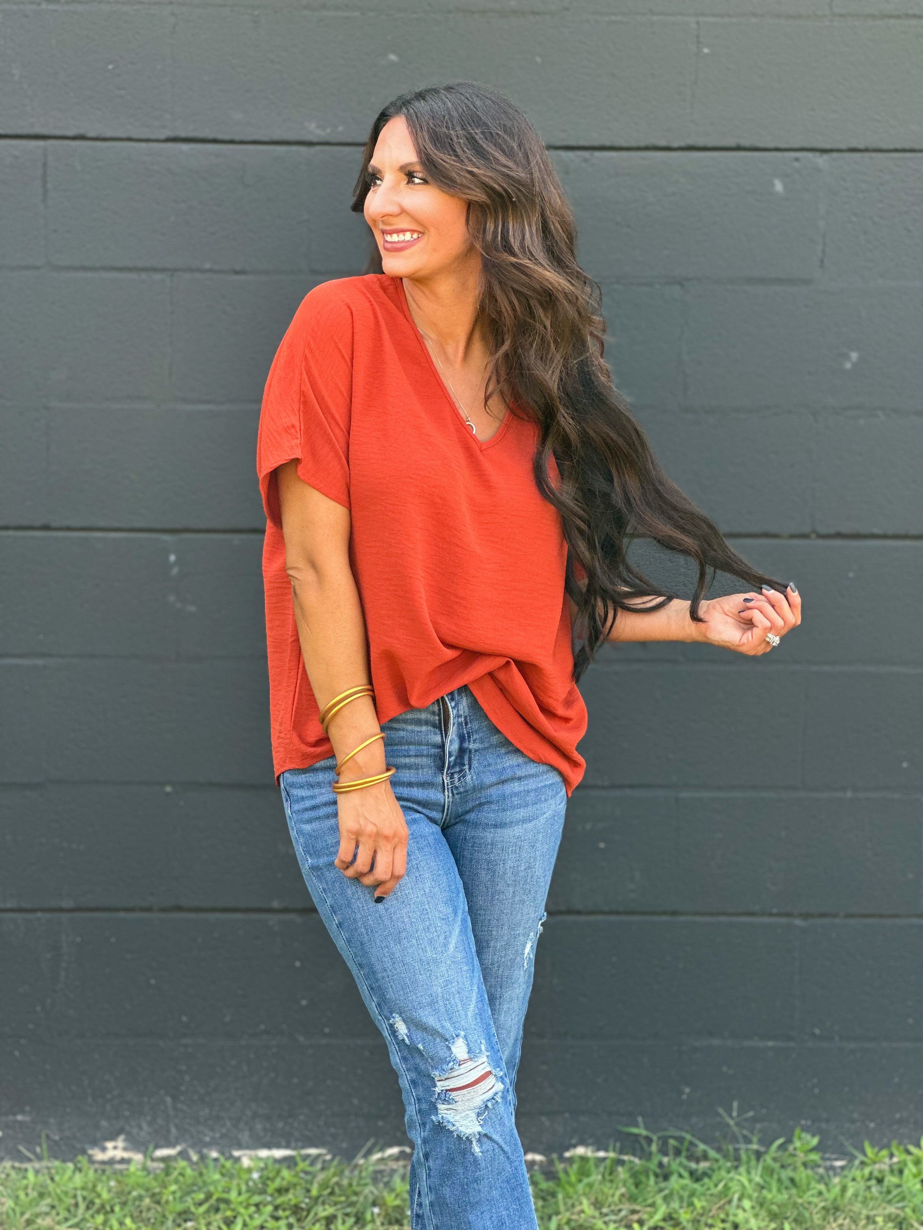 Who Am I V Neck Top - Rust