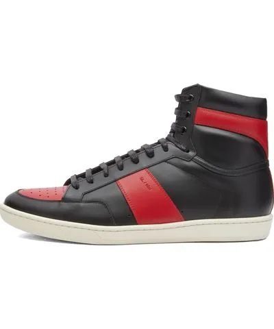 Yves Saint Laurent Men's Sl-10 Hi-Top Top Sneaker Black & Red Sneakers